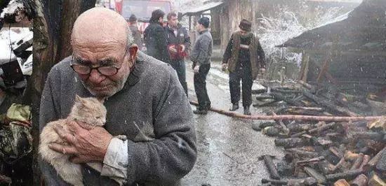 老人拄着拐杖，抱猫在雪中哭泣，红十字会送温