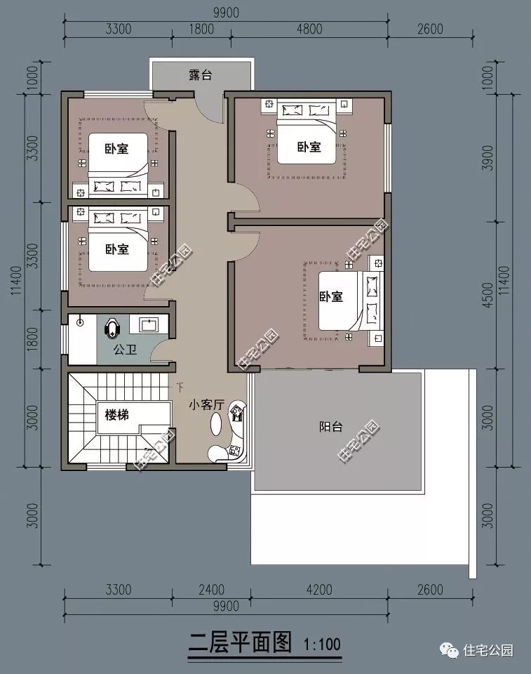 9×11米占地百平，带庭院现代风格住宅，半开放式车库+大阳台(5)
